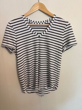 lululemon athletica Black and White Striped V-Neck Tee Shirt